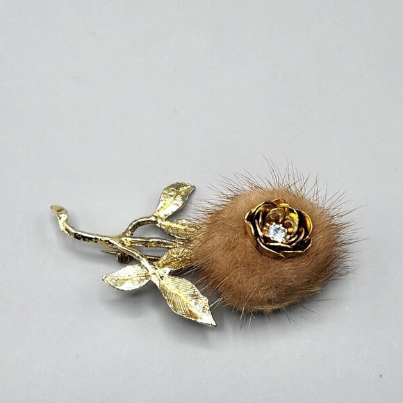 Rose Brooch Mink Fur Gold Tone Flower Long Stem Clear Rose Pin Unmarked Vtg - Picture 3 of 13